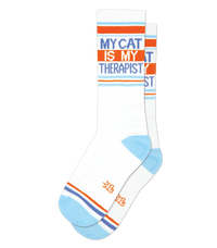 My Cat Is My Therapist white gym socks with orange stripes and contrasting light blue heels and toes