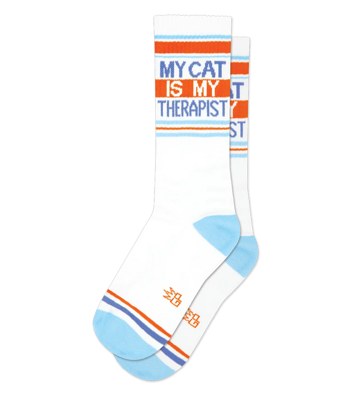 My Cat Is My Therapist white gym socks with orange stripes and contrasting light blue heels and toes
