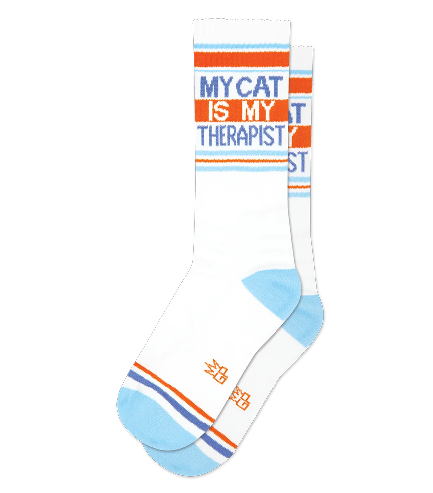 My Cat Is My Therapist white gym socks with orange stripes and contrasting light blue heels and toes