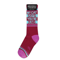 My Cat Says You're Dumb gym sock in retail packaging showing turquoise lettering and pink accents