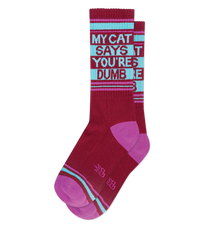 Pair of My Cat Says You're Dumb gym socks featuring crimson berry, turquoise and pink retro design