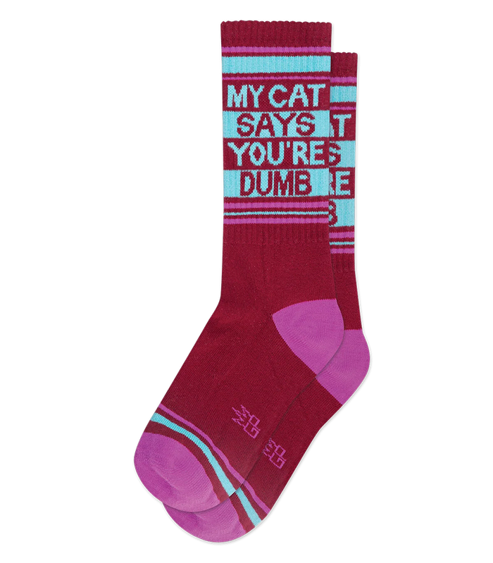 Pair of My Cat Says You're Dumb gym socks featuring crimson berry, turquoise and pink retro design
