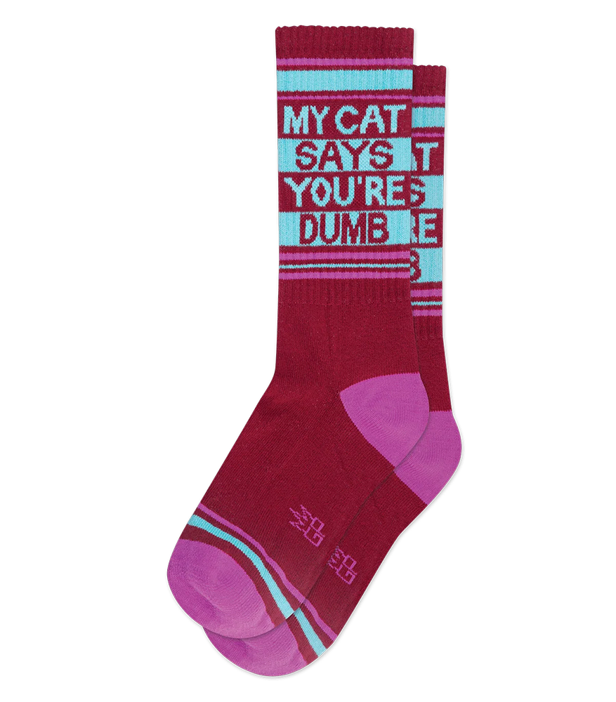 Pair of My Cat Says You're Dumb gym socks featuring crimson berry, turquoise and pink retro design