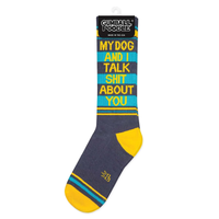 My Dog and I Talk Shit About You gym sock in retail packaging with gray, turquoise and yellow design