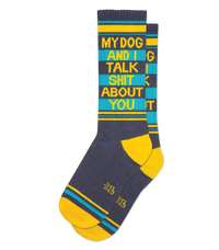 My Dog and I Talk Shit About You gym socks with retro stripes and yellow heels and toes
