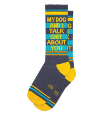 My Dog and I Talk Shit About You gym socks with retro stripes and yellow heels and toes