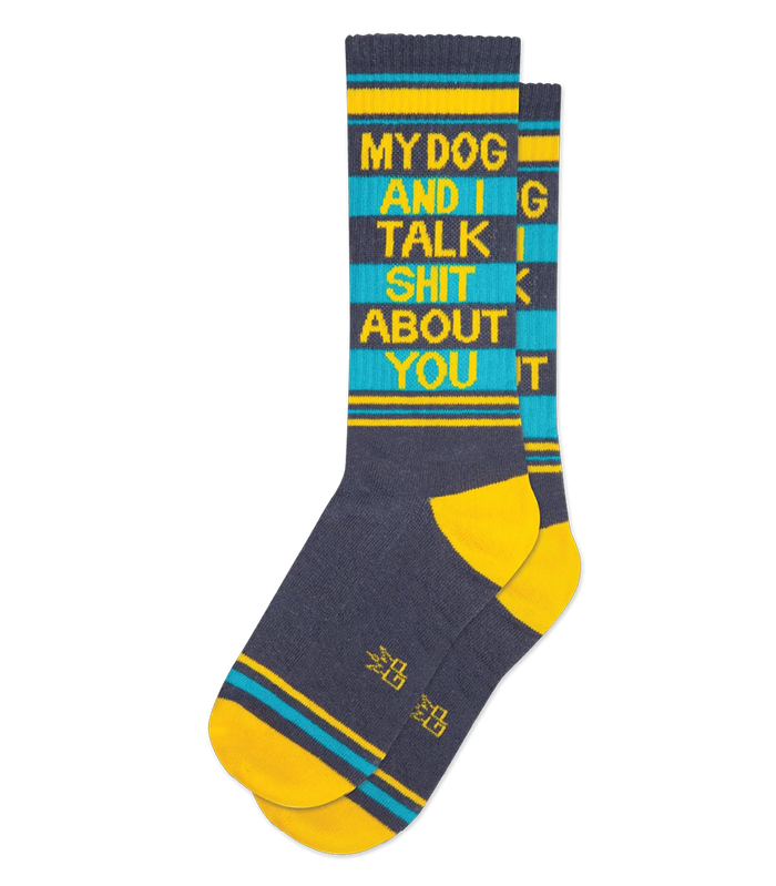 My Dog and I Talk Shit About You gym socks with retro stripes and yellow heels and toes