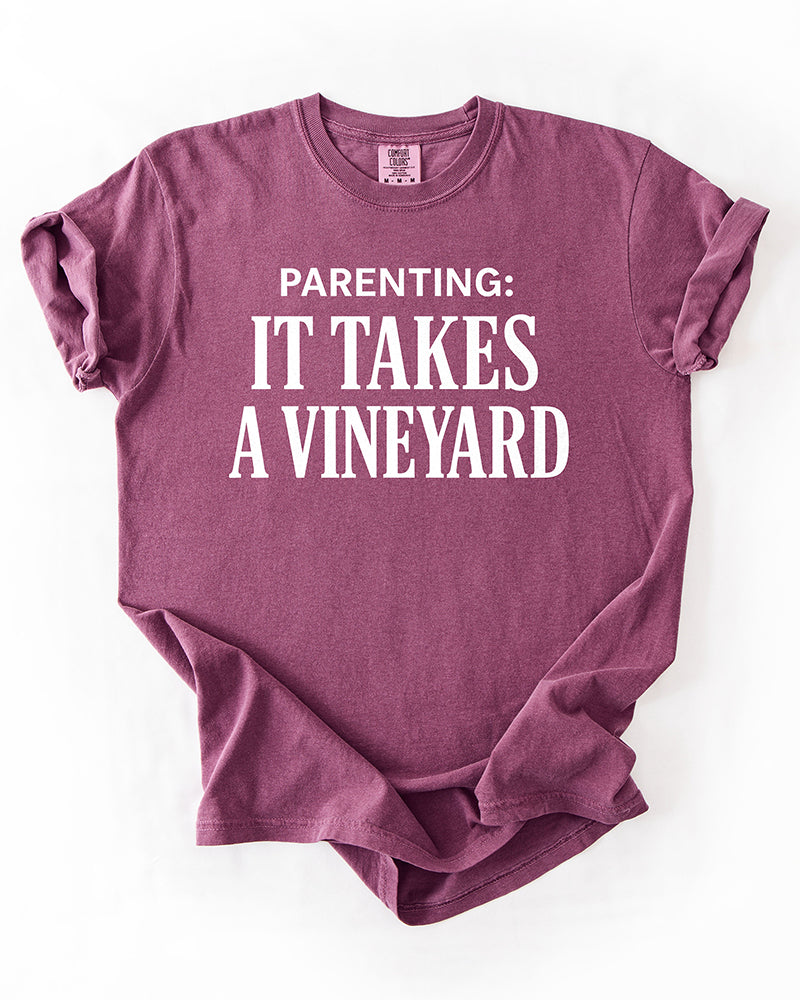 Parenting It Takes a Vineyard berry pink funny mom graphic tee