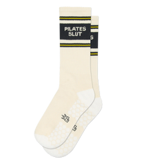 Pilates Slut grip sock with ribbed ivory cotton, contrasting white heel and toe, and textured grip sole