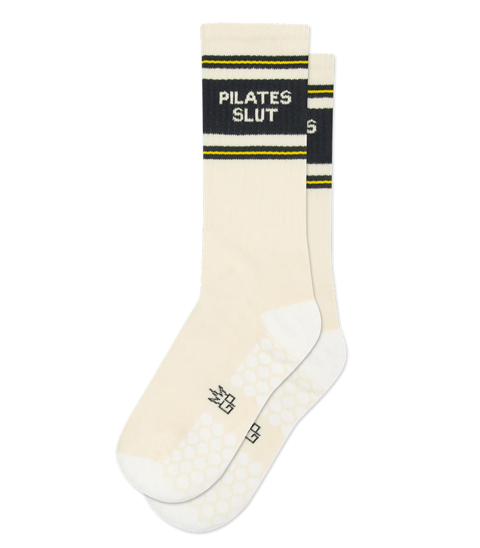 Pilates Slut grip sock with ribbed ivory cotton, contrasting white heel and toe, and textured grip sole