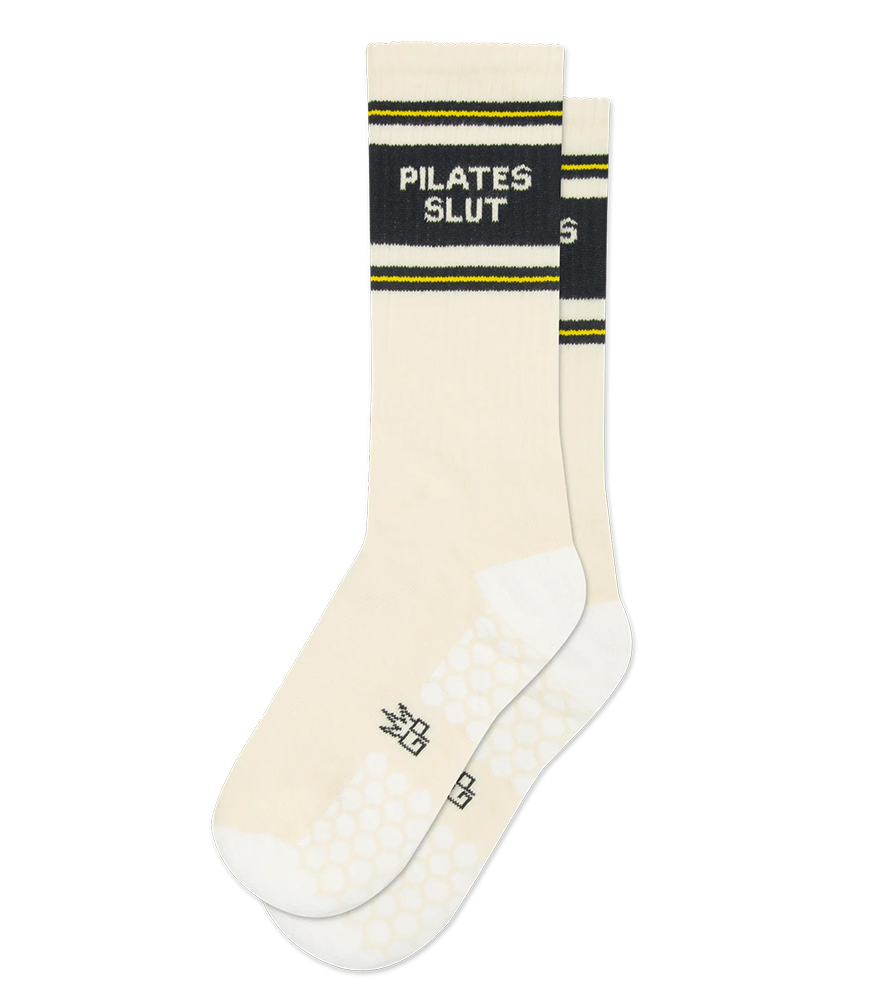 Pilates Slut grip sock with ribbed ivory cotton, contrasting white heel and toe, and textured grip sole