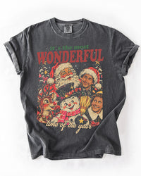 Pepper gray heavyweight Christmas T-shirt featuring nostalgic Santa, snowman, reindeer, and Christmas movie character artwork.