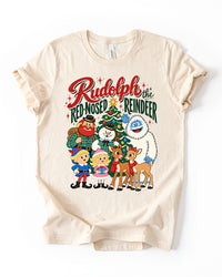Natural ivory Rudolph the Red-Nosed Reindeer Christmas lightweight T-shirt featuring colorful retro lettering and classic holiday cartoon characters.
