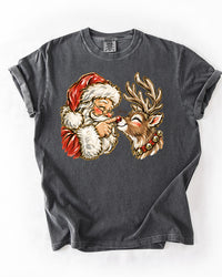 Pepper charcoal gray heavyweight Christmas graphic tee featuring Santa Claus booping a reindeer's red nose.