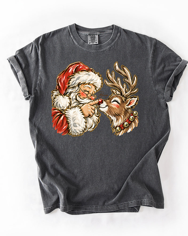 Pepper charcoal gray heavyweight Christmas graphic tee featuring Santa Claus booping a reindeer's red nose.