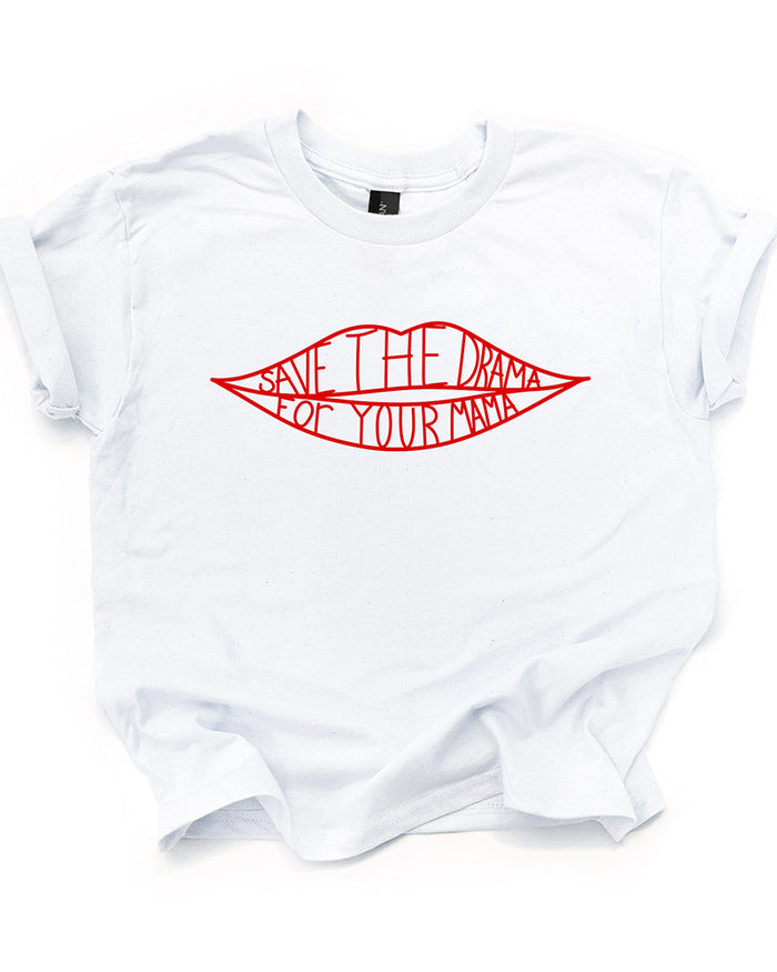 White Save The Drama For Your Mama baby tee featuring a red lips graphic with lettering.