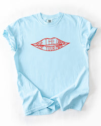 Chambray blue Comfort Colors heavyweight T-shirt featuring the red Save The Drama For Your Mama lips graphic.
