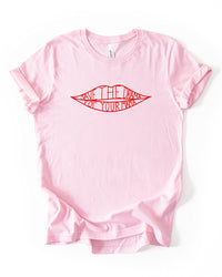 Soft pink lightweight T-shirt with red lips graphic reading Save The Drama For Your Mama.