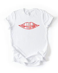White lightweight crewneck T-shirt featuring red lips artwork and Save The Drama For Your Mama lettering.