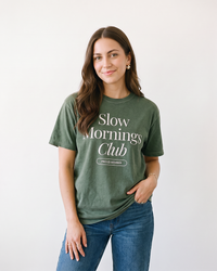 Woman wearing Hemp Slow Mornings Club heavyweight graphic tee