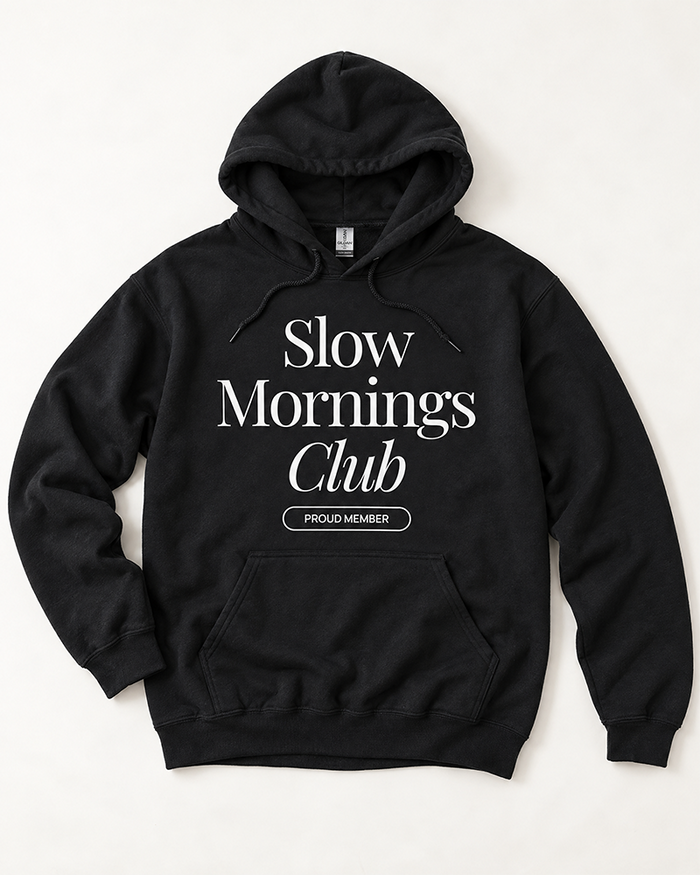 Black Slow Mornings Club graphic hoodie with white print