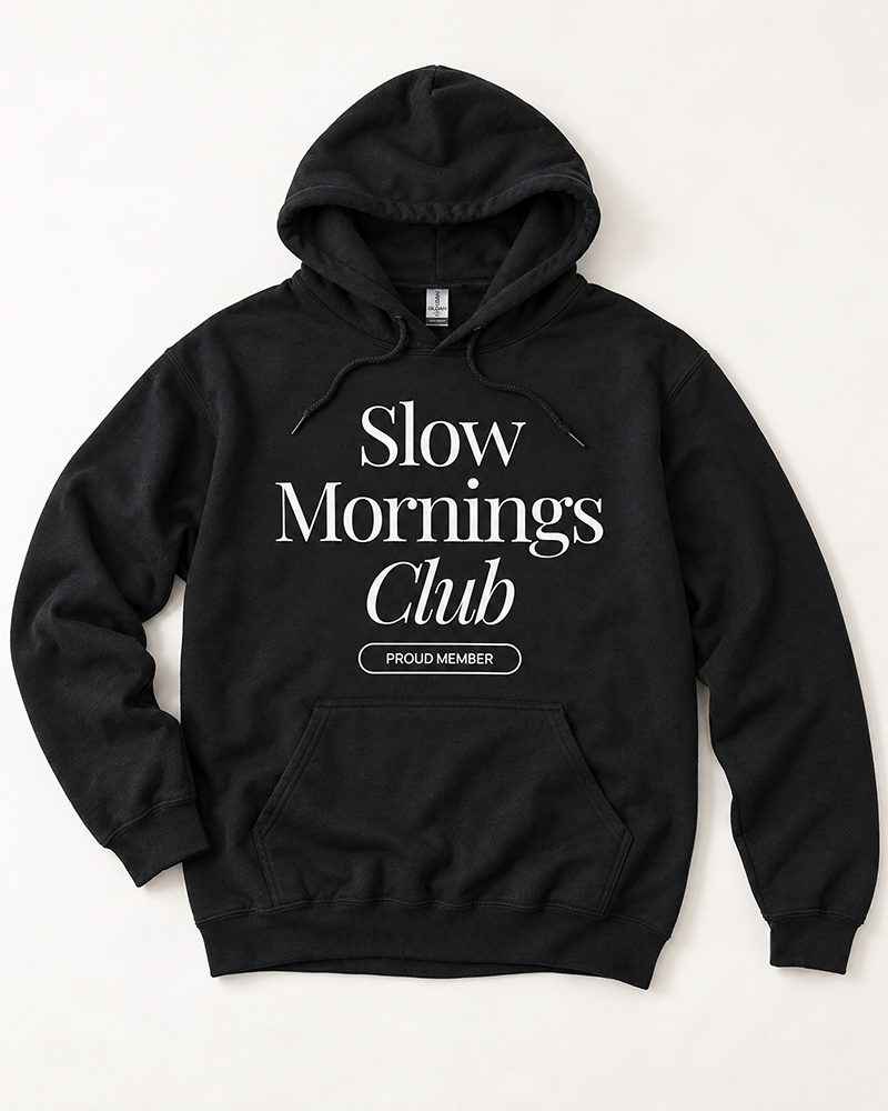 Black Slow Mornings Club graphic hoodie with white print