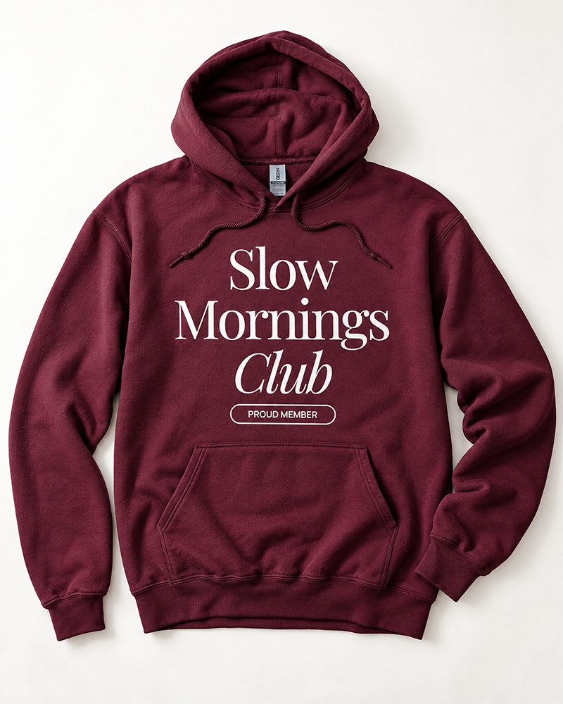 Maroon Slow Mornings Club graphic hoodie with white print