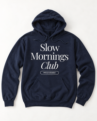 Navy Slow Mornings Club graphic hoodie with white print