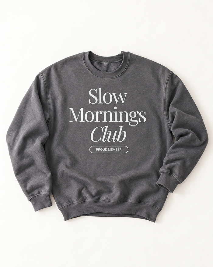Charcoal Slow Mornings Club graphic crewneck sweatshirt