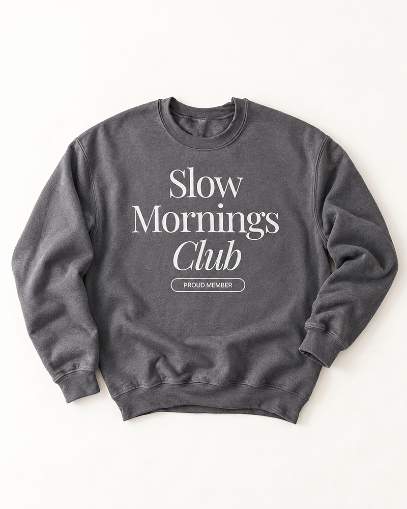 Charcoal Slow Mornings Club graphic crewneck sweatshirt