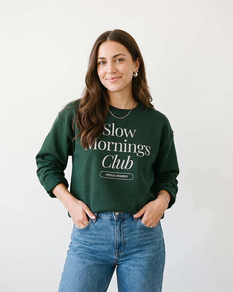 Woman wearing Forest green Slow Mornings Club crewneck sweatshirt
