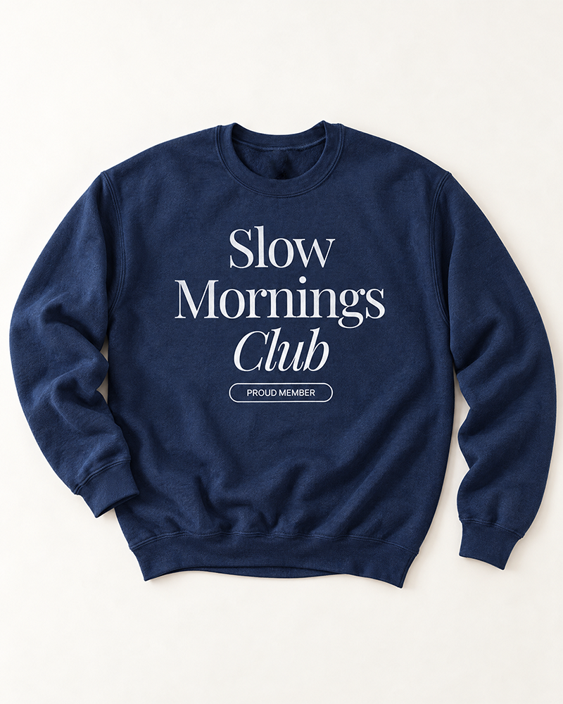 Navy Slow Mornings Club graphic crewneck sweatshirt