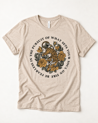 Soul on Fire tiger and rose graphic tee in heather tan with fearless inspirational quote