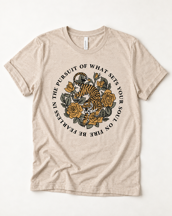 Soul on Fire tiger and rose graphic tee in heather tan with fearless inspirational quote