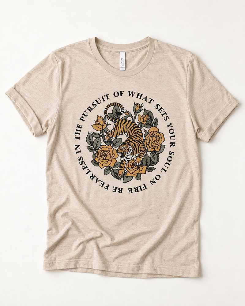Soul on Fire tiger and rose graphic tee in heather tan with fearless inspirational quote