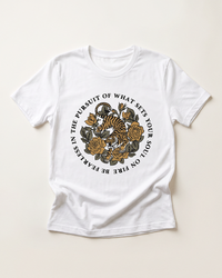 White Soul on Fire tiger graphic tee with vintage roses and fearless motivational quote