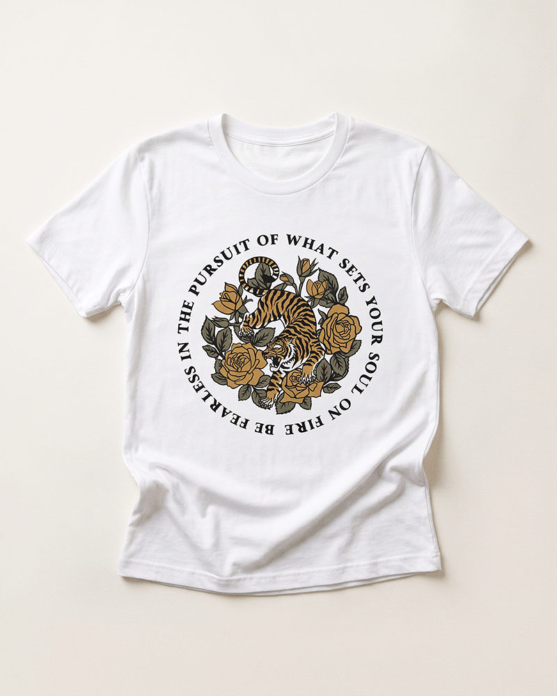 White Soul on Fire tiger graphic tee with vintage roses and fearless motivational quote