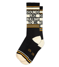 Black Sounds Like Bullshit To Me gym socks with cream heels and toes and retro gold striped accents