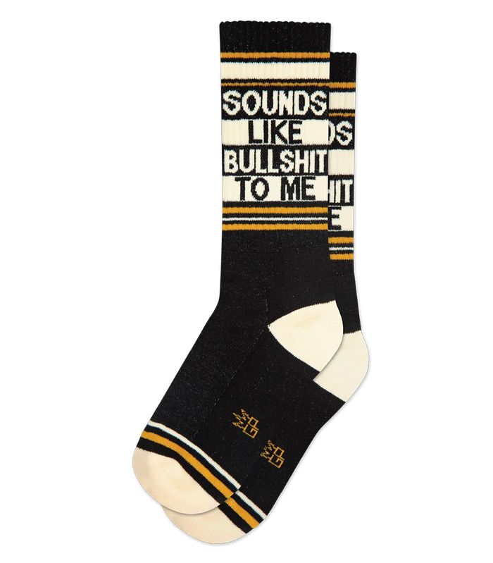 Black Sounds Like Bullshit To Me gym socks with cream heels and toes and retro gold striped accents