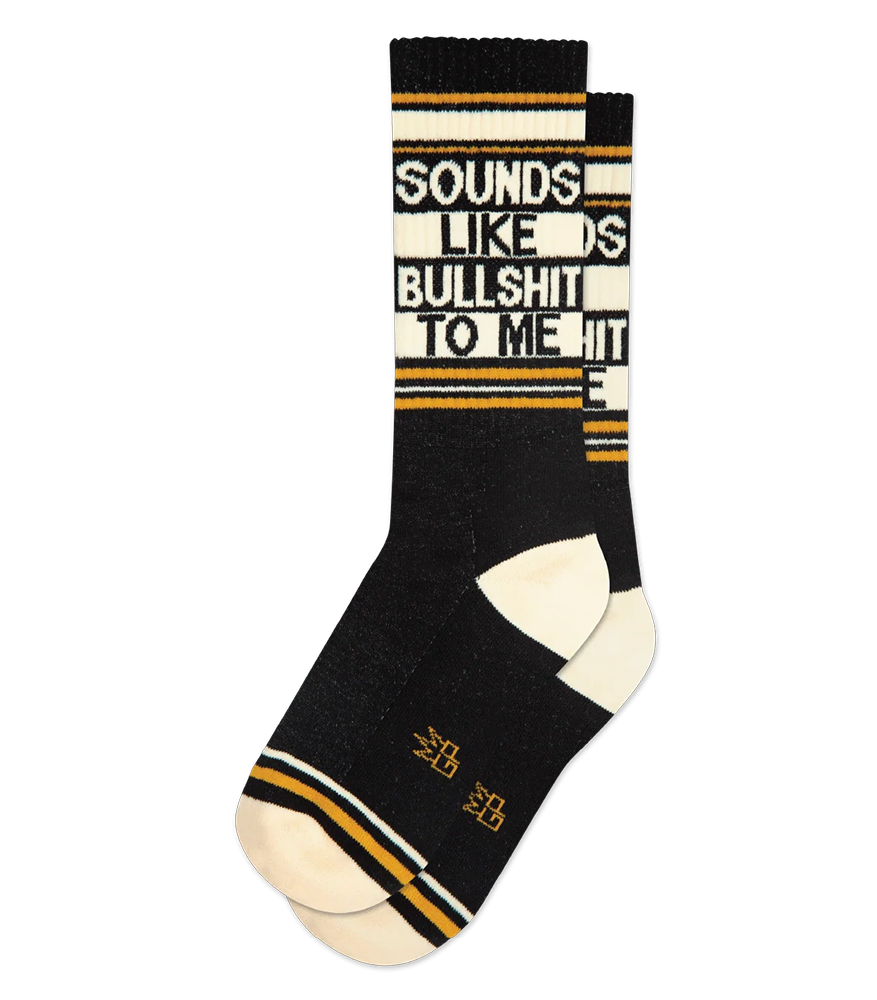 Black Sounds Like Bullshit To Me gym socks with cream heels and toes and retro gold striped accents