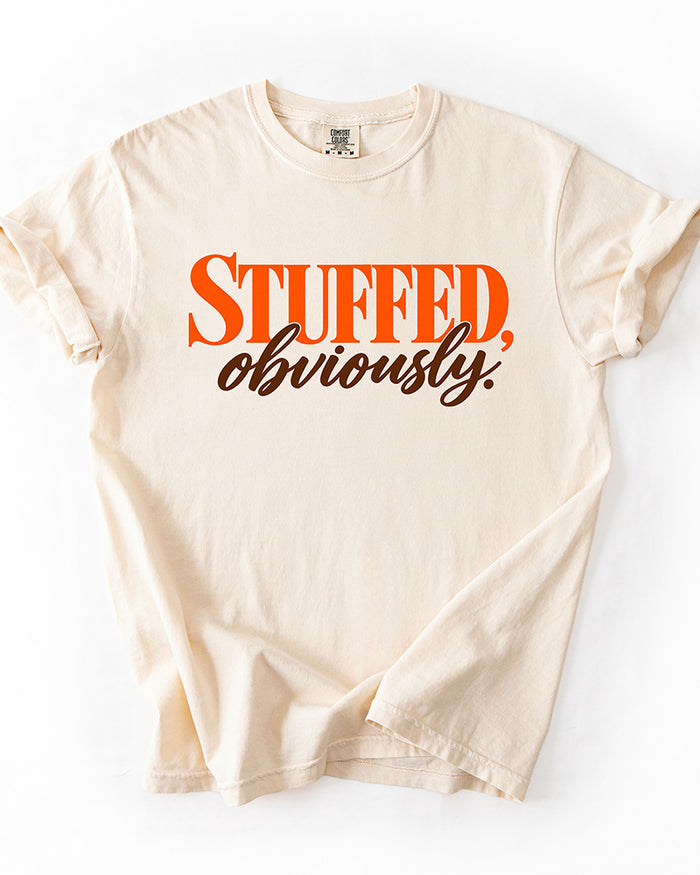 Ivory Stuffed, Obviously heavyweight Thanksgiving T-shirt with bold orange lettering and brown cursive script.