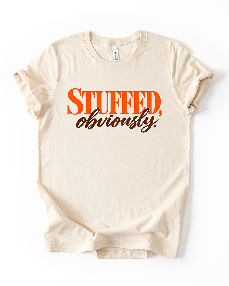 Natural Stuffed, Obviously lightweight Thanksgiving T-shirt with retro orange block lettering and brown cursive script.