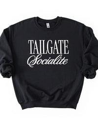Black Tailgate Socialite crewneck sweatshirt with white graphic, women's football game day sweatshirt