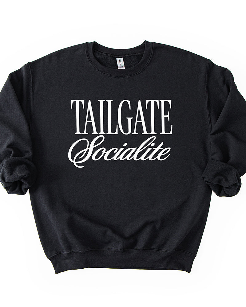 Black Tailgate Socialite crewneck sweatshirt with white graphic, women's football game day sweatshirt
