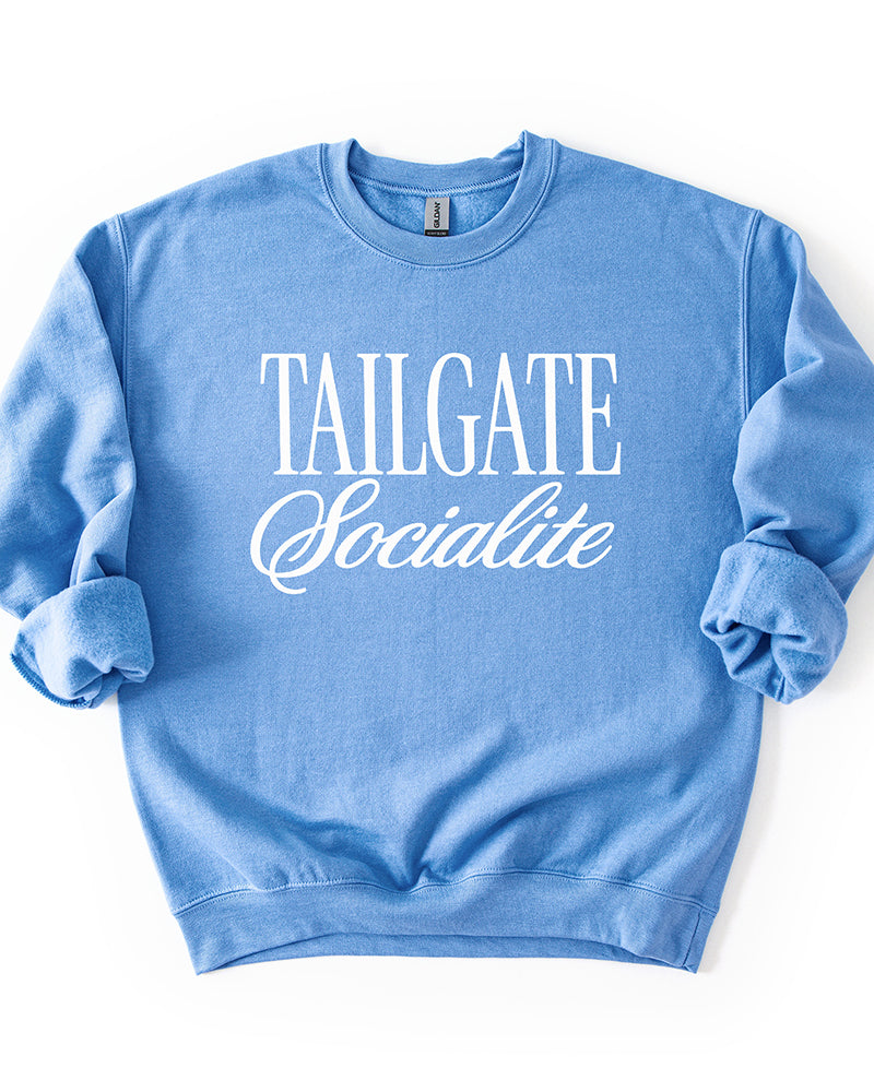 Carolina Blue Tailgate Socialite crewneck sweatshirt with white graphic, women's football game day sweatshirt