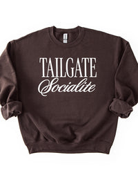 Dark Chocolate Brown Tailgate Socialite crewneck sweatshirt with white graphic, women's football game day sweatshirt
