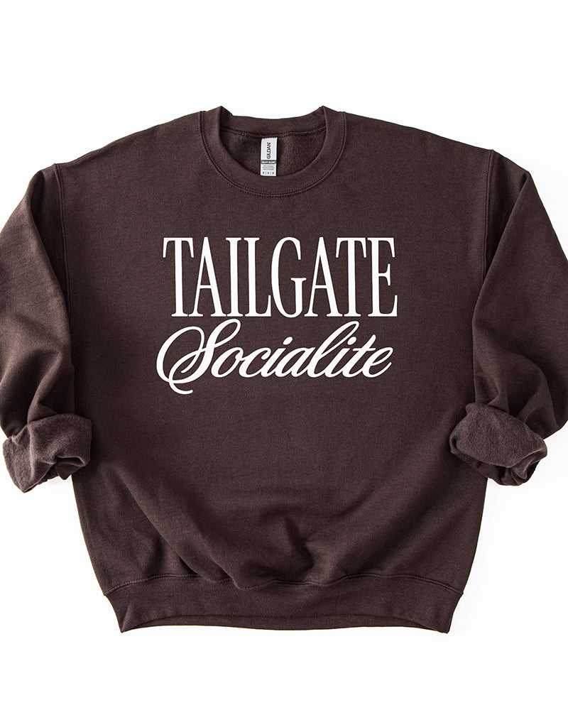 Dark Chocolate Brown Tailgate Socialite crewneck sweatshirt with white graphic, women's football game day sweatshirt