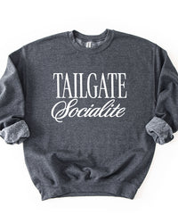Dark Heather Tailgate Socialite crewneck sweatshirt with white graphic, women's football game day sweatshirt