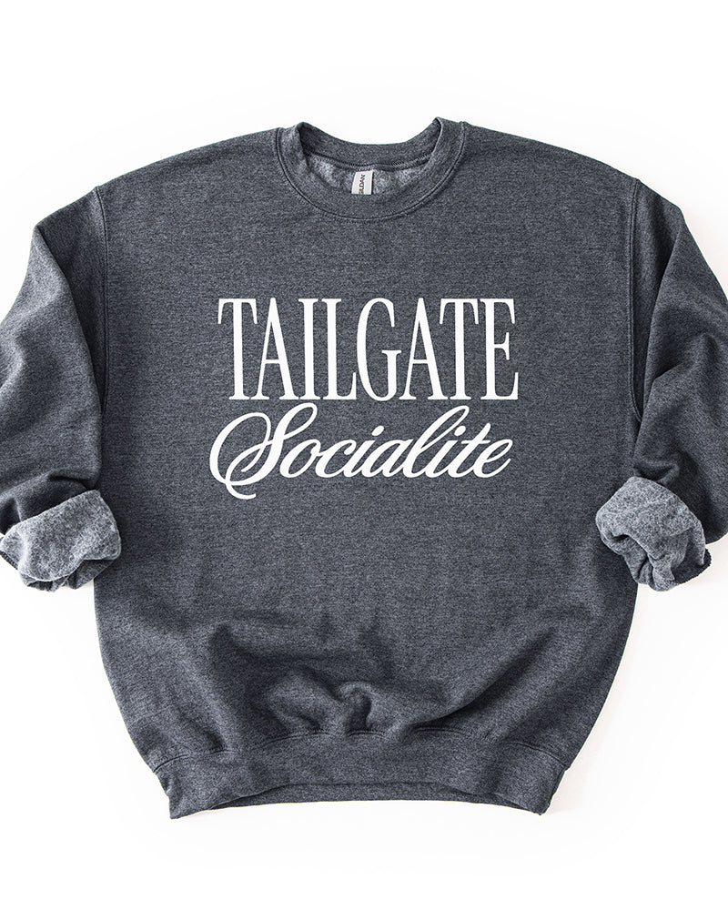 Dark Heather Tailgate Socialite crewneck sweatshirt with white graphic, women's football game day sweatshirt