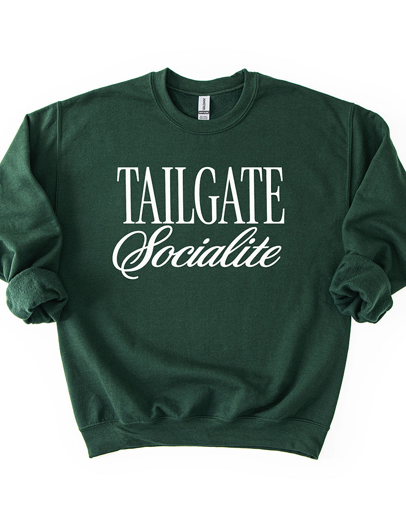 Forest Green Tailgate Socialite crewneck sweatshirt with white graphic, women's football game day sweatshirt